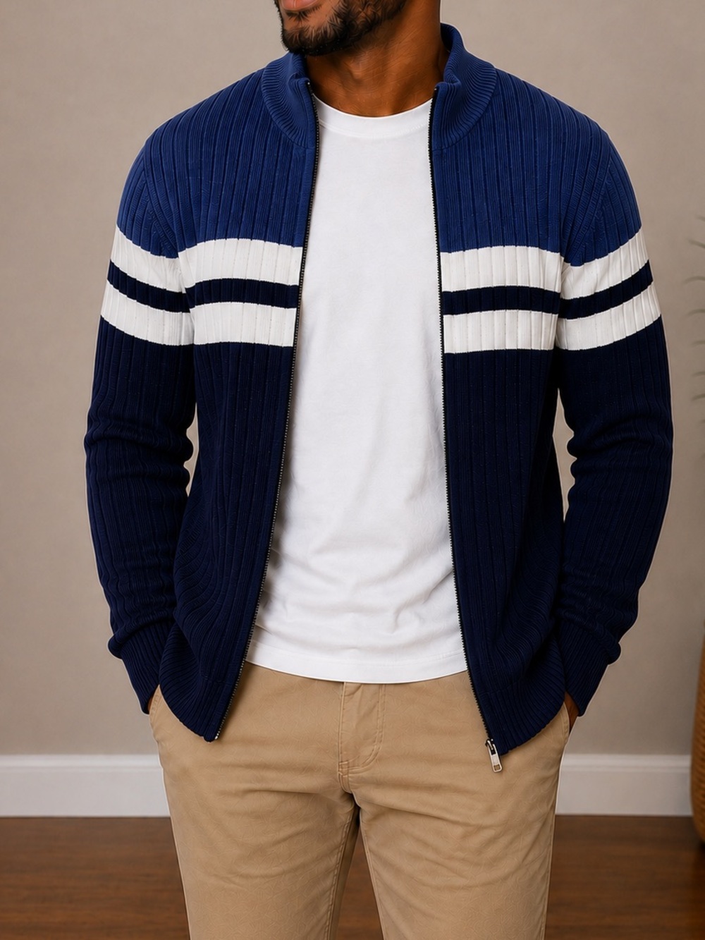 ALFANI MEN’S RIBBED NAVY ZIP-UP CARDIGAN SWEATER | WHITE STRIPE | NWT | SIZE M